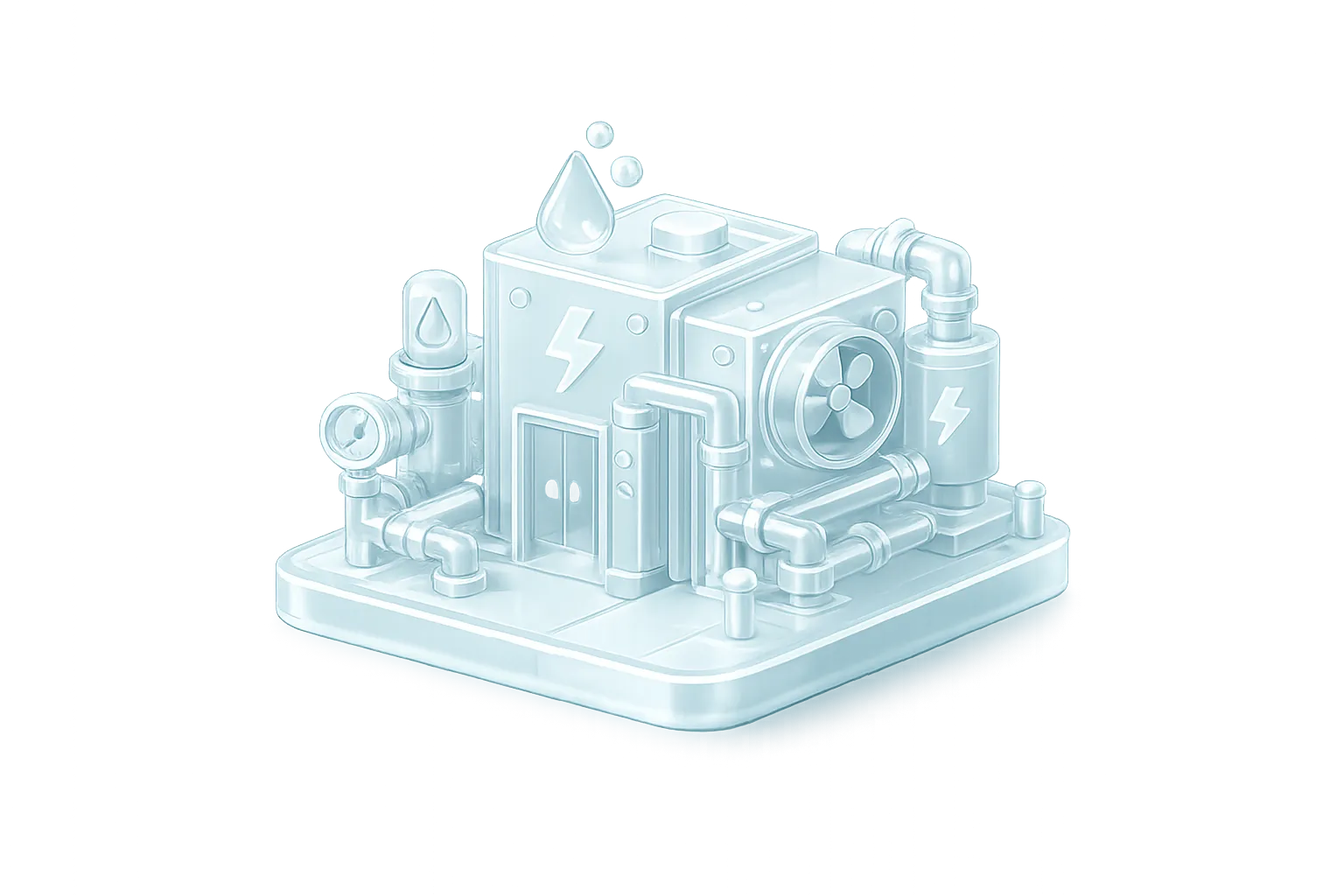 Illustration: building engineering systems — pipes, valves and an electrical cabinet