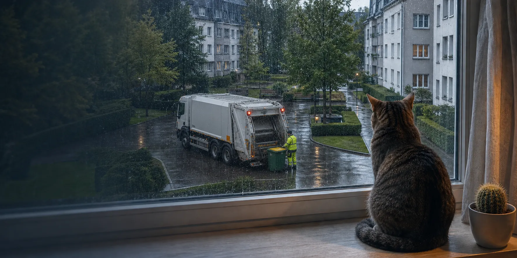 Кот на подоконнике наблюдает за мусоровозом во дворе многоквартирного дома в дождь