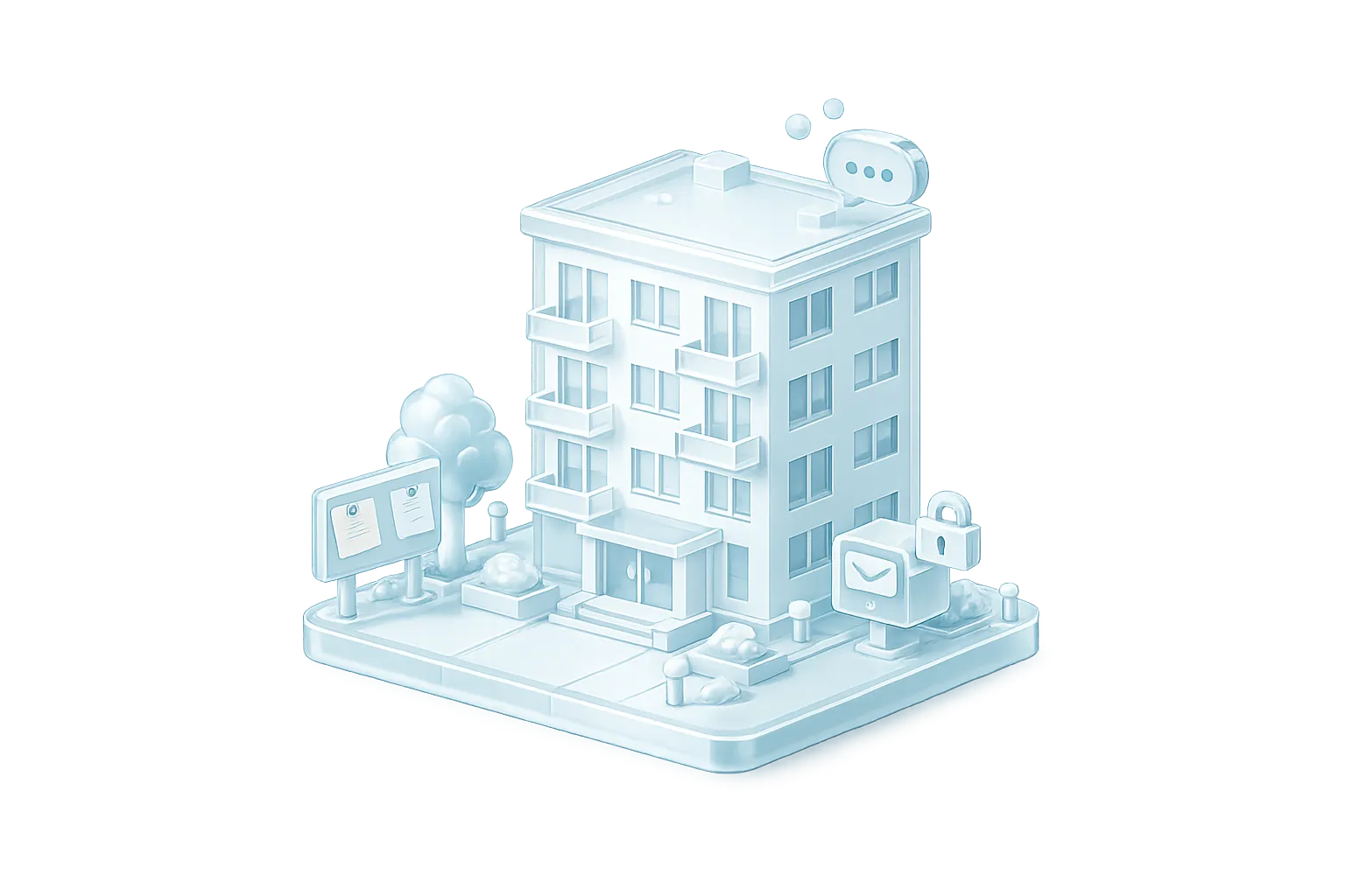 Illustration: an apartment building with property-management and communication symbols