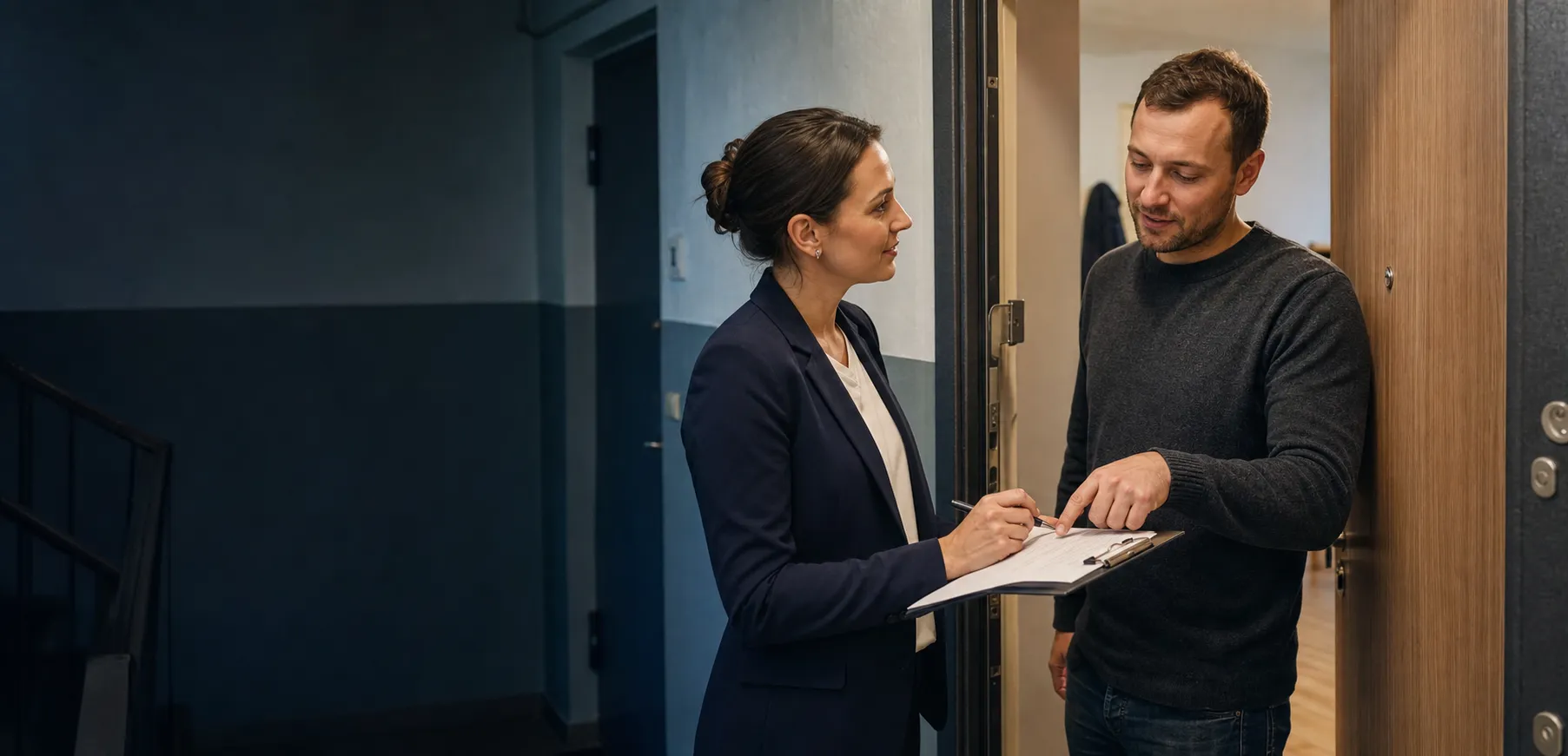 Mājas pārvaldniece ar dokumentu mapi sarunājas ar iedzīvotāju pie dzīvokļa durvīm