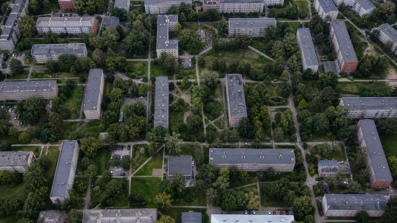 Aerial view of a Riga microdistrict, apartment blocks surrounded by trees