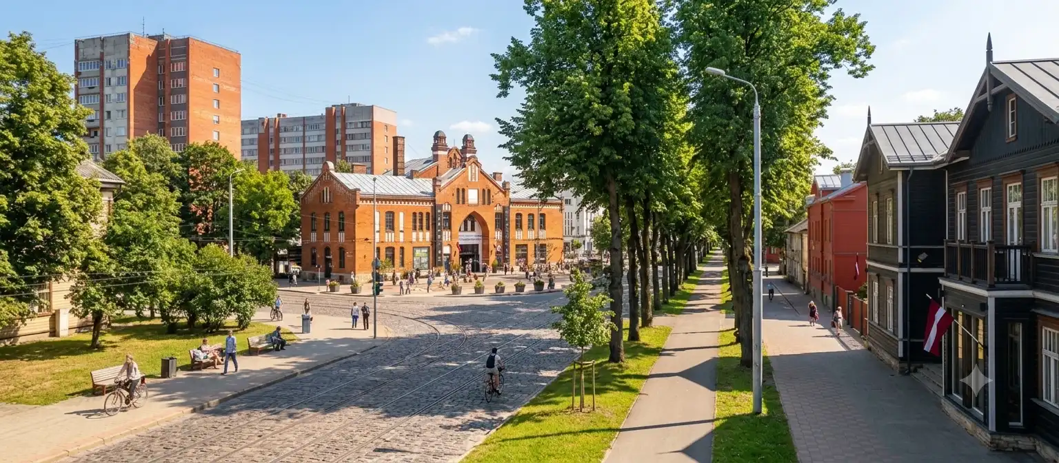 A sunny street in a Riga neighbourhood with a tidy square, trees and people walking