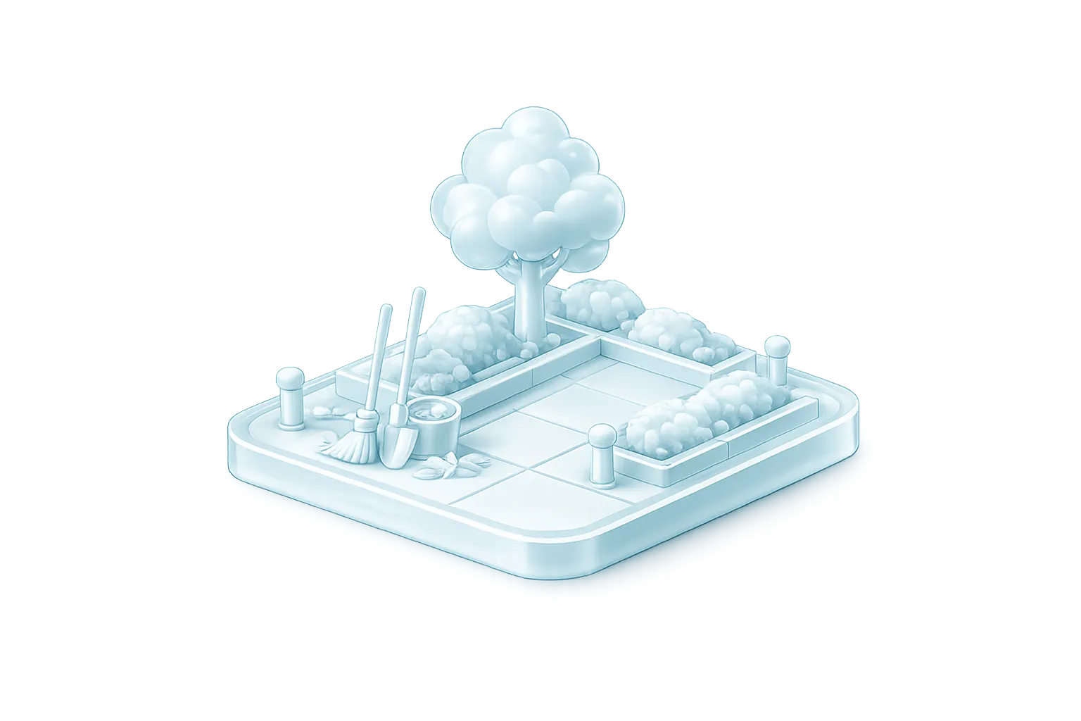 Illustration: a tidy courtyard with a tree, lawn and paths